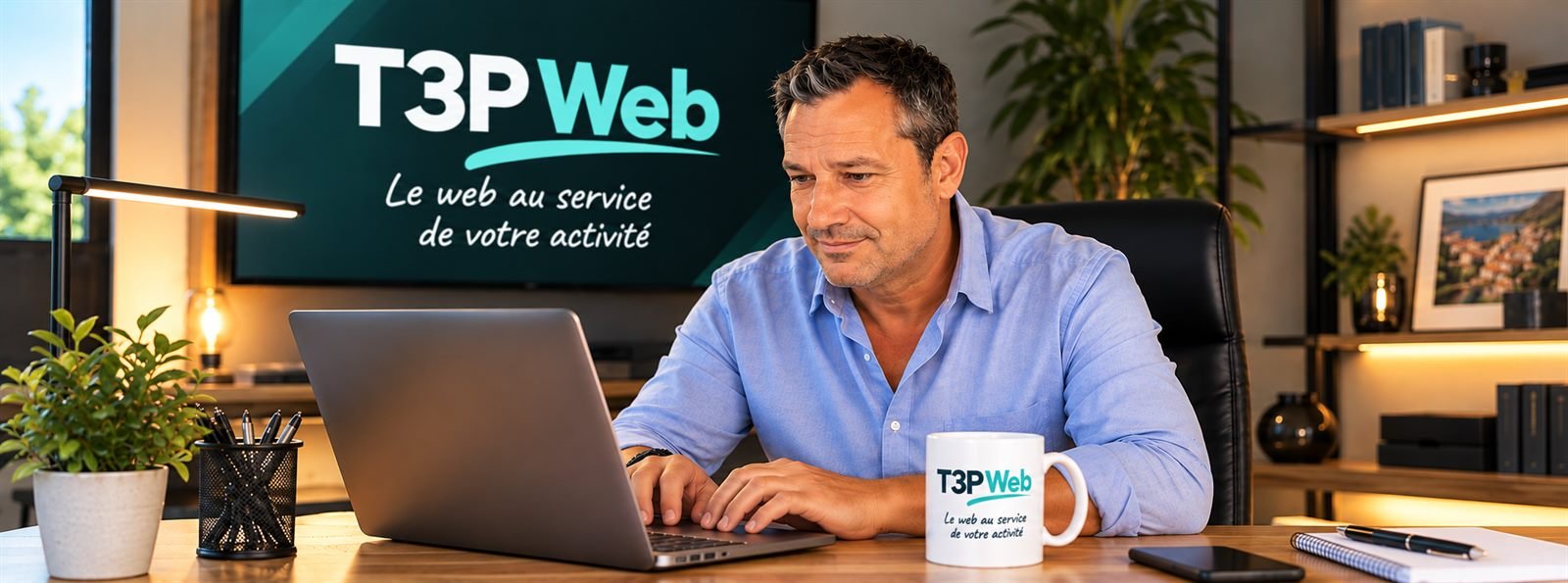 Franck Martin travaillant sur son ordinateur portable dans le bureau T3P WEB